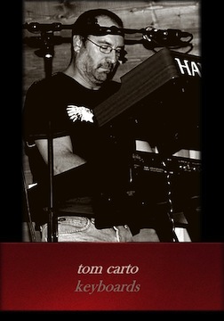 Photo of Tom Carto on keyboards performing onstage.